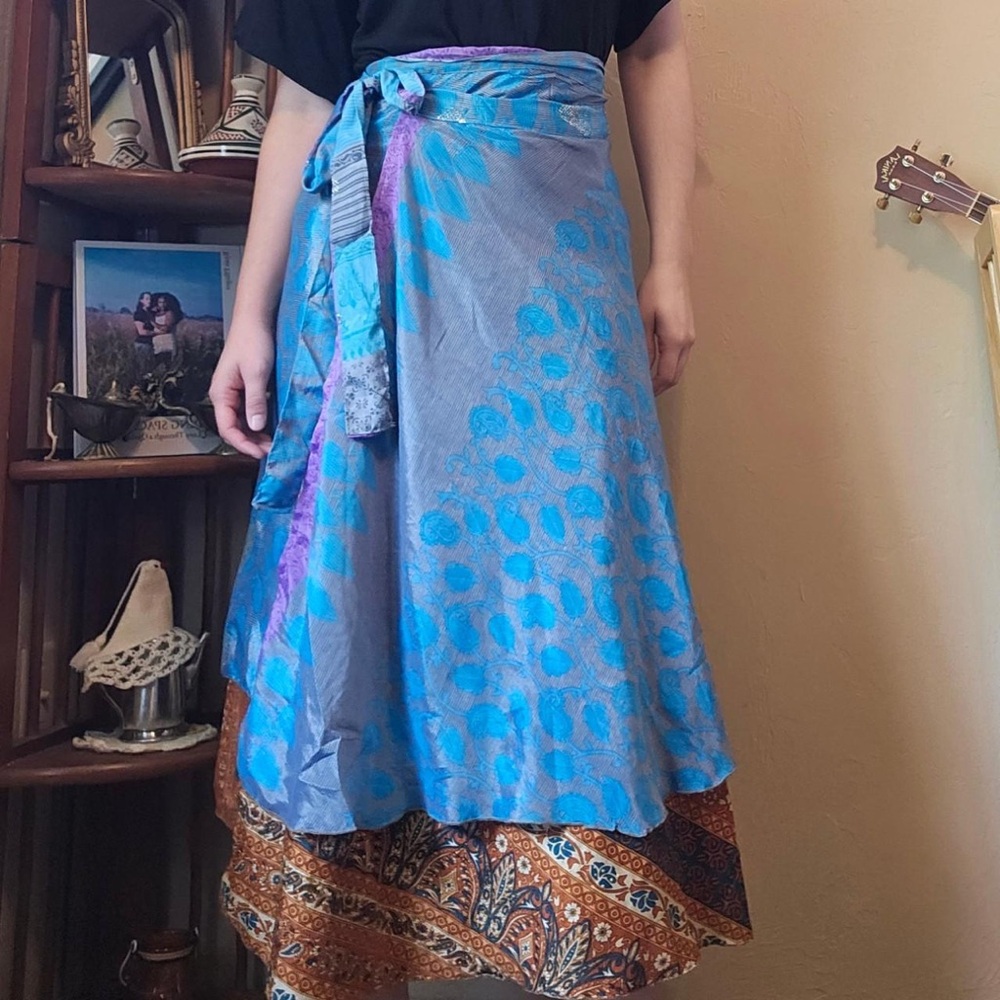 Blue Wrap A-Line Skirt with Floral Print